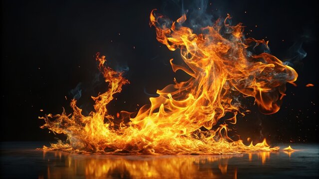 A dancing flame erupts across a black canvas its tendrils of orange and yellow fire moving dynamically