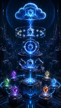 Vertical Futuristic glowing neon 3D rendering of a blockchain network processing data from a cloud server, with robotic arms building crypto nodes in a high-tech facility, illustrating concepts of DeF