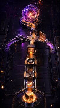 Vertical Futuristic digital rendering of a data processing pipeline where a quantum energy orb flows through an automated workflow, passing gears and checkpoints to a final validated product, illustra