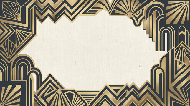 Art Deco gold and black geometric frame, vintage Gatsby style border with fan patterns, elegant 1920s luxury background for invitations