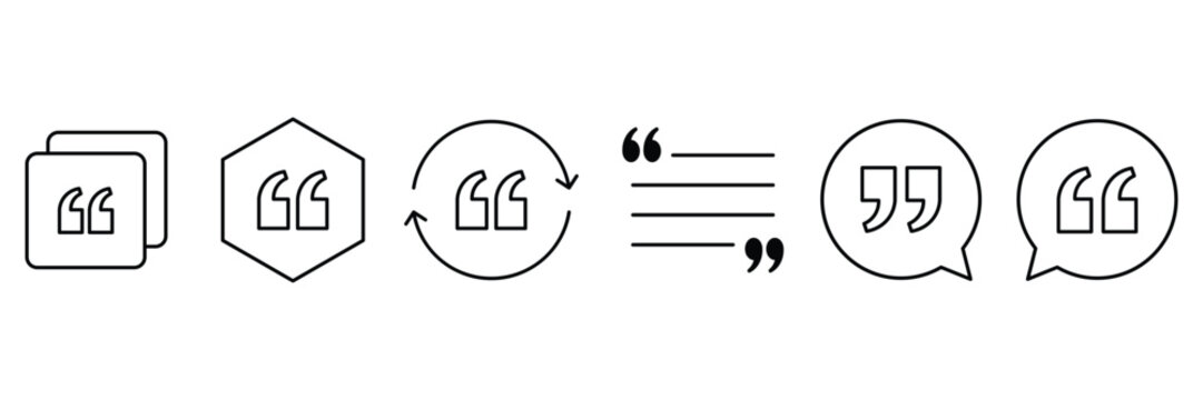 Quotation mark icon set, speech bubble, circle, frame, shield symbol, linear outline vector illustration.
