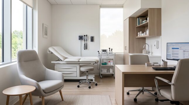 Clean and bright modern doctor examination room with medical bed, desk, computer, and large windows, professional healthcare facility interior design for clinic or private pract...