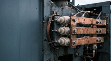 Fototapeta premium Detailed view of copper busbars and ceramic insulators bolted onto industrial power transformer housing