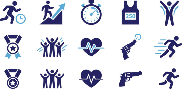 Running and Marathon Race Vector Icon Set featuring Athletics Training Stopwatch Medal Heart Rate Starting Gun and Celebrating Winners