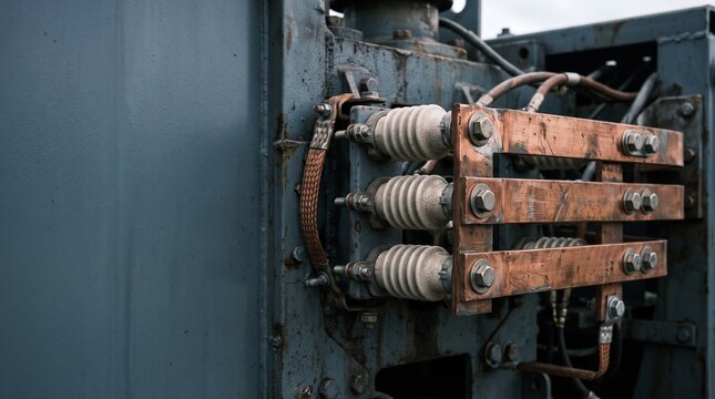 Detailed view of copper busbars and ceramic insulators bolted onto industrial power transformer housing
