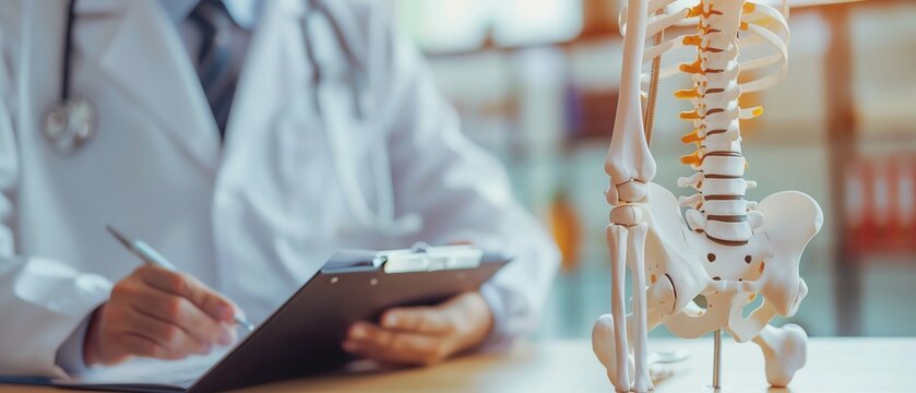 Doctor examines skeleton model for study.