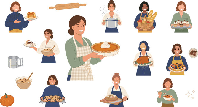 Set of diverse women home bakers and cooks vector illustrations holding homemade treats like pumpkin pie chocolate chip cookies roasted turkey and fresh bread