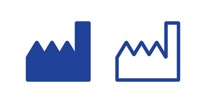 Blue Manufacturer and Date of Manufacture Factory Symbols in Solid and Outline Styles for Product Labeling