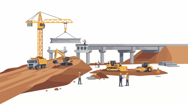 Construction site with heavy machinery and workers building a bridge