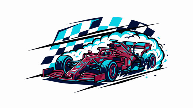 Isolated Formula 1 Street Racing Car Drifting Checkered Flag Vector Logo, "Created with AI assistance and manually refined."