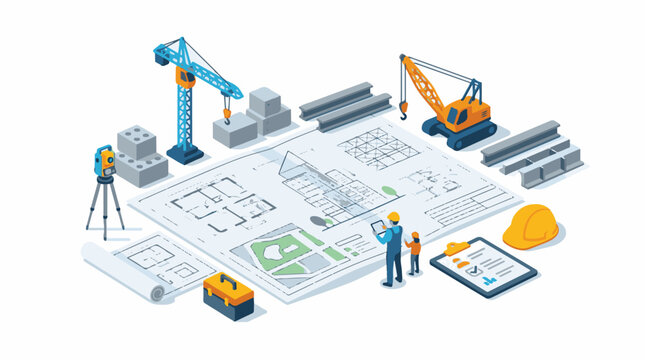 Construction site blueprint with workers cranes and materials
