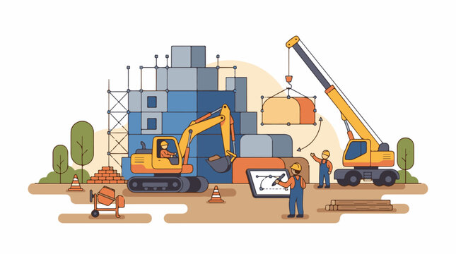 Construction site with crane excavator workers and building progress