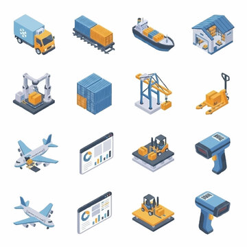 Colorful isometric icons of vehicles, industry, and technology.