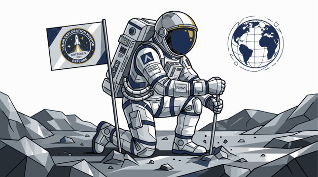 Minimalist Flat Cel Shaded Space Exploration Astronaut Lunar Surface Graphic Asset, "Created with AI assistance and manually refined."