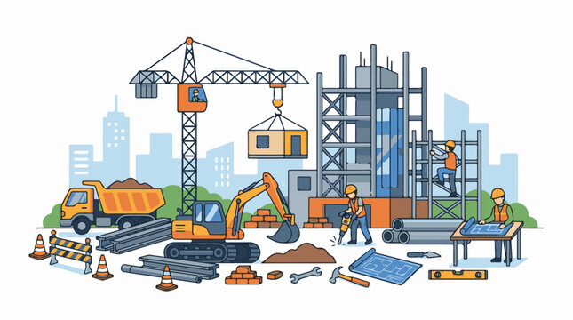 Construction site with workers machinery and building materials