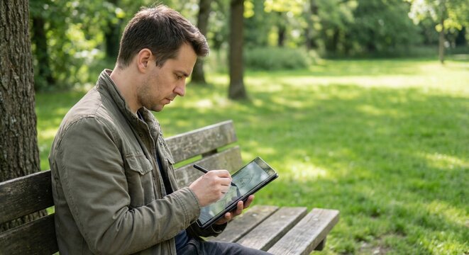 Man doing remote work on tablet in park