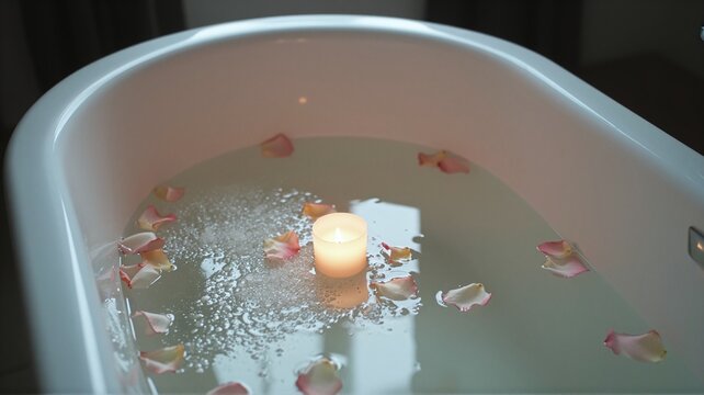 Candle floating in salt water bath with rose petals