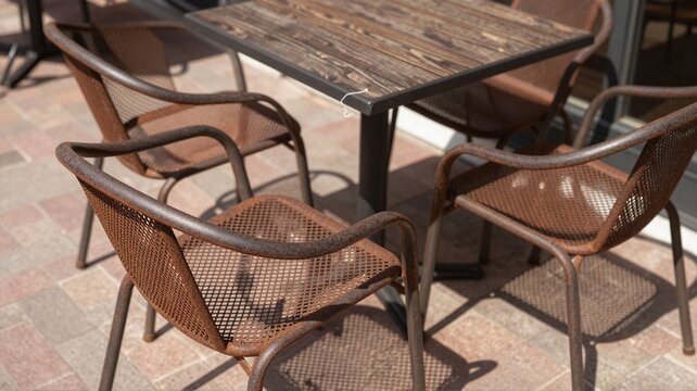 Chairs and table at outdoor sidewalk cafe.