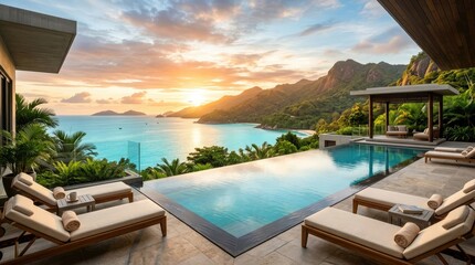 Fototapeta premium Luxury tropical resort deck with infinity pool overlooking ocean bay at sunset