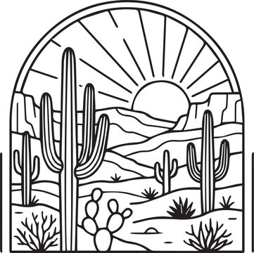 Desert cactus garden framed by archway. Black and white line art of arid landscape with succulents. Minimalist botanical illustration for decor and...