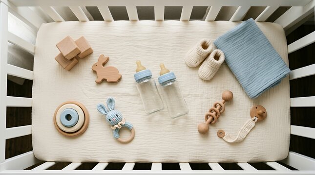 Minimalist Baby Essentials and Wooden Toys Inside a White Crib