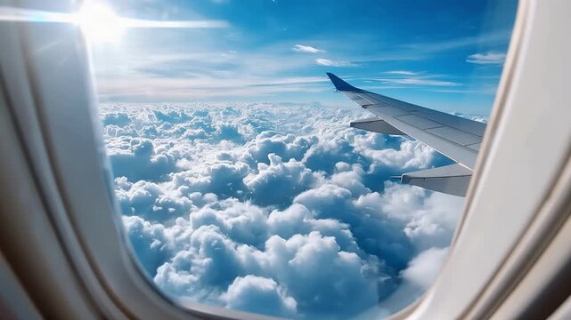Airplane wing above fluffy clouds seen from passenger window
