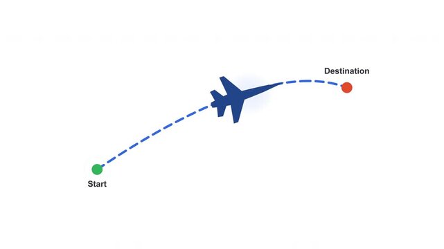 Airplane flying animation with dotted path line isolated on black