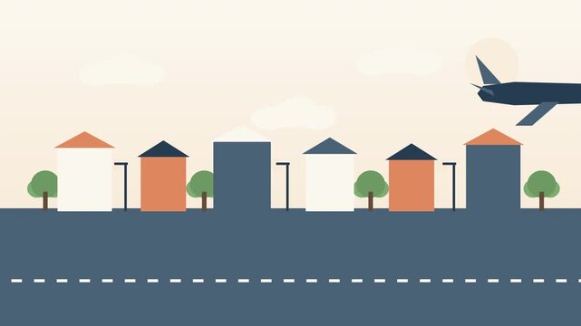 Animated illustration airplane flies over colorful flat design town street