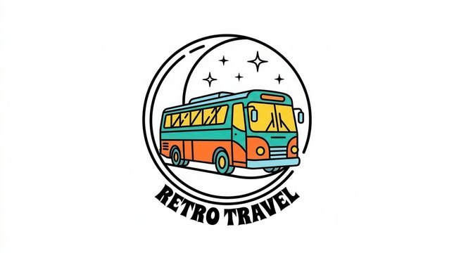 Retro Bus Travel Logo - Vintage Tour Van Under Crescent Moon and Stars