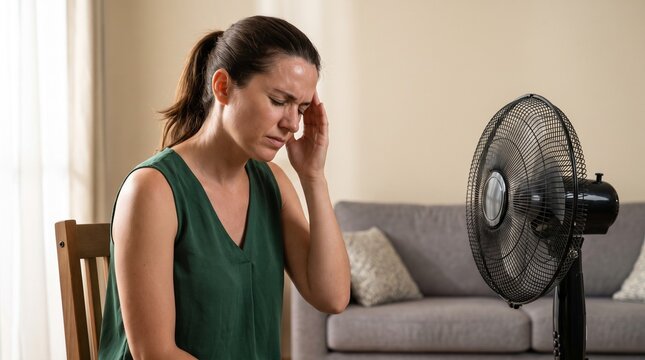 Woman suffering from heat exhaustion and headache while sitting in front of a fan
