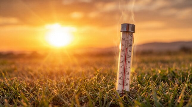 Thermometer shows high temperature in hot weather with sun setting