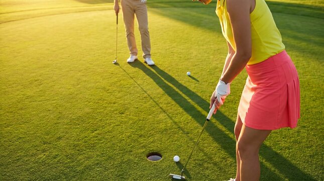 Woman practicing putting during a golf lesson on a sunny green