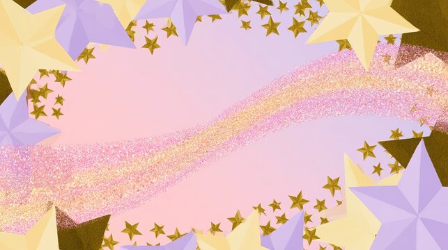 Whimsical digital backdrop with soft pink and light lavender gradient, open center framed by multicolored stars, large geometric pale yellow soft purple dark gold stars at outer edges, tiny solid gold