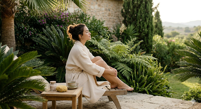 Woman in bathrobe relaxing on lounge chair in lush garden