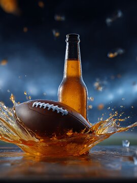 American Football Ball and Cold Beer Bottle with Epic Splash on Stadium Background