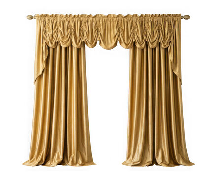 Elegant golden silk curtains with a decorative valance isolated on transparent background