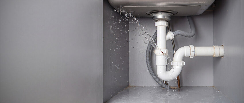 Plumbing emergency: worn plastic water pipe bursting leaking in kitchen sink cabinet. Copy space