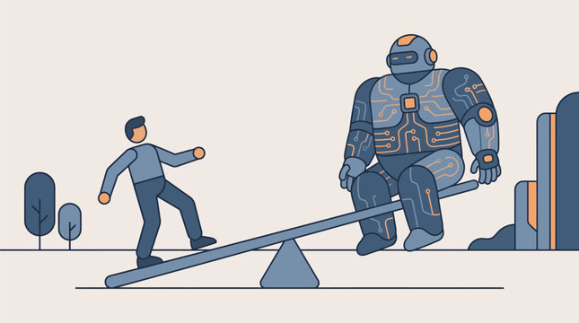 AI robot and human on unbalanced seesaw