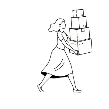 Woman carrying stack of boxes