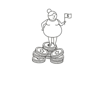 Woman standing on coins holding a dollar flag