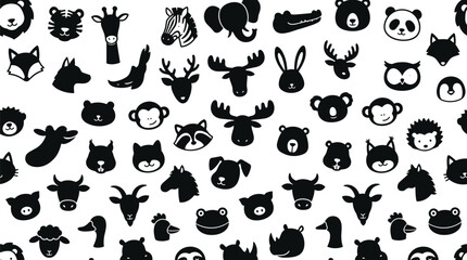 Obraz premium Cute baby animal faces silhouette seamless pattern vector black cartoon safari zoo farm forest backdrop template on white background