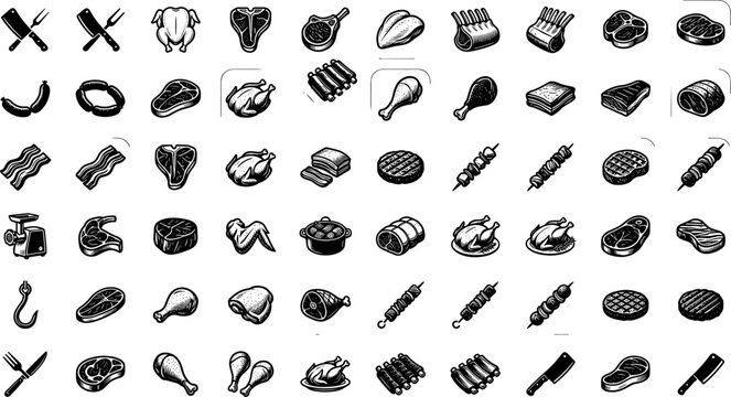 Large Vector Collection of Butchery and Meat Silhouette Icons Featuring Beef Steaks Pork Ribs Chicken Poultry Sausages and BBQ Grill Cutlery for Steakhouse Menu Designs