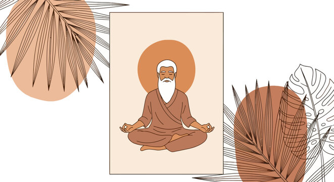 Elderly man meditating in lotus pose with tropical leaves