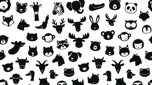 Cute baby animal faces silhouette seamless pattern vector black cartoon safari zoo farm forest backdrop template on white background