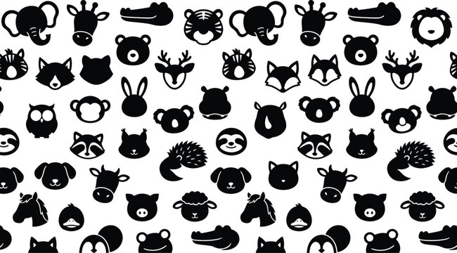  Cute baby animal faces silhouette seamless pattern vector black cartoon safari zoo farm forest print backdrop on white background