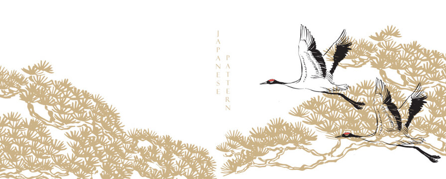 Gold abstractbonsai tree branch and crane birds background with Chinese painting in Traditional style. Brush stroke vector	