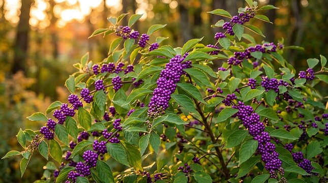 Beautiful american beautyberry bush with bright purple berries growing in a sunny autumn forest garden. american beautyberry