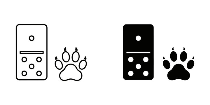 Domino piece and animal paw print vector icon set with illustration recreation activity footprint wildlife isolated