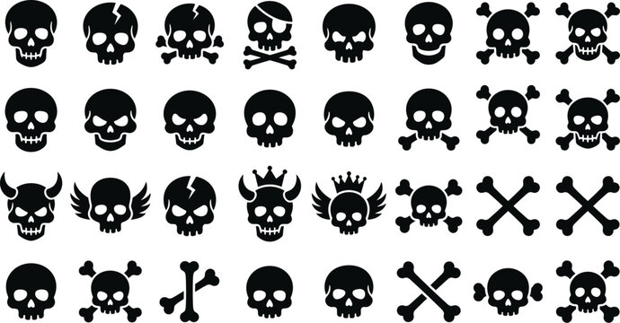 Human skull and crossbones silhouette collection vector black pirate spooky gothic anatomy icons bundle isolated on white background
