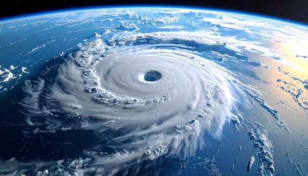 High-definition satellite animation of a super typhoon from outer space, with clear, detailed cloud structures and a well-defined eye. The spiraling rain bands are sharply defined.